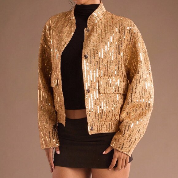 Gold Elegant Women's Embroidered Sequin Office Jacket - Picture 4 of 7